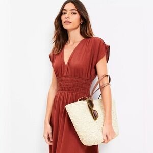 NWT Ann Taylor LOFT Beach Crinkle Smocked Midi Pocket Dress